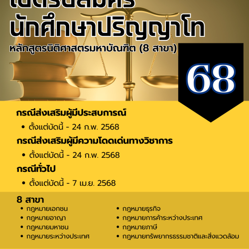 ประกาศรับสมัครบุคคลเข้าศึกษาต่อหลักสูตรนิติศาสตรมหาบัณฑิต ปีการศึกษา 2568