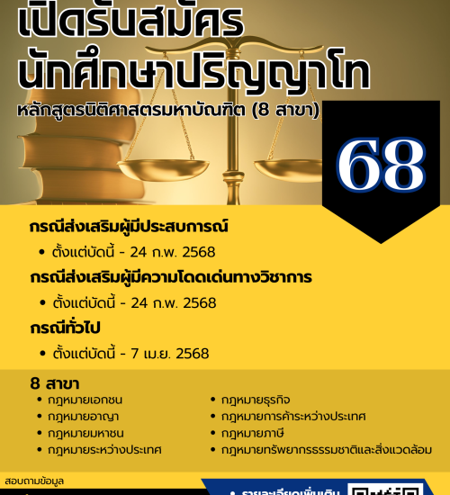 ประกาศรับสมัครบุคคลเข้าศึกษาต่อหลักสูตรนิติศาสตรมหาบัณฑิต ปีการศึกษา 2568